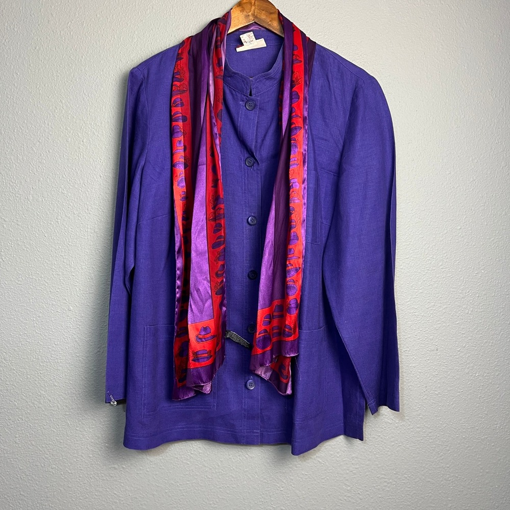 JM‎ Collection Woman Purple Linen Button Up Top 16W Mandarin Collar Career Scarf